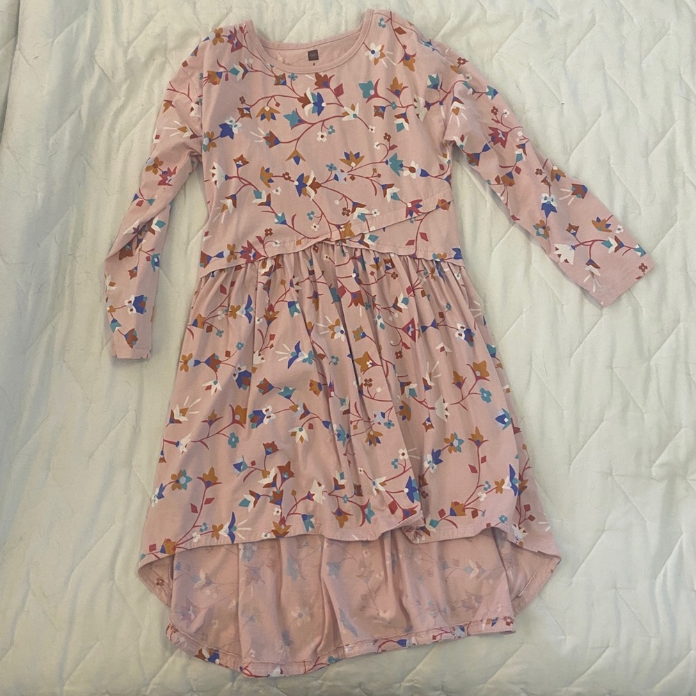 Tea Collection pink floral high-low hem long sleeve dress 8